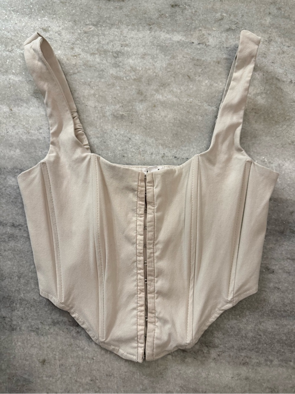 Garage bone coloured hook and eye front closure corset crop top